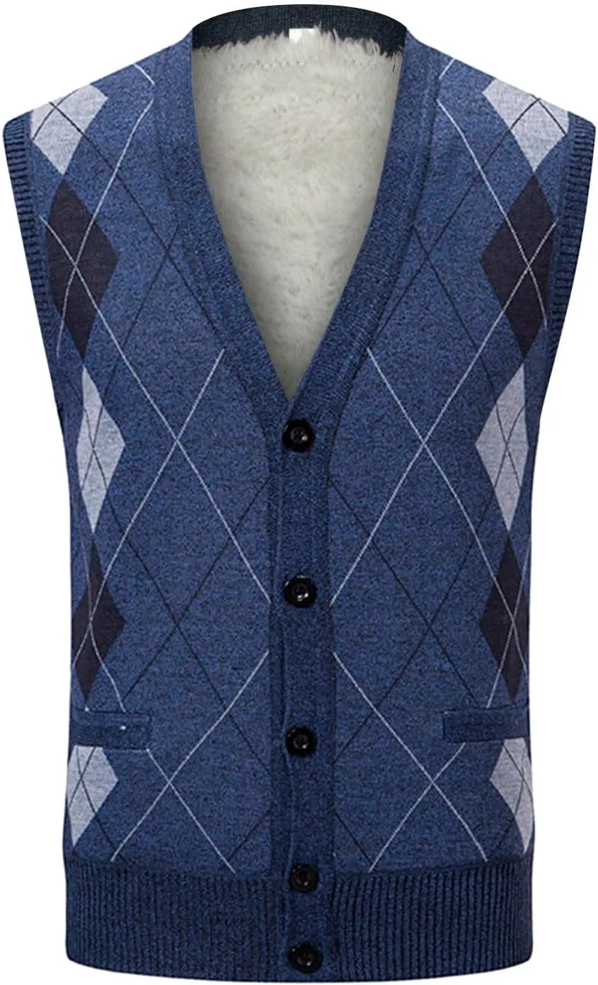 Men's Argyle Vest Sweater Sherpa Fleece Lined Sweater Sleeveless V Neck Knitted Button Down Sweater Casual Tops