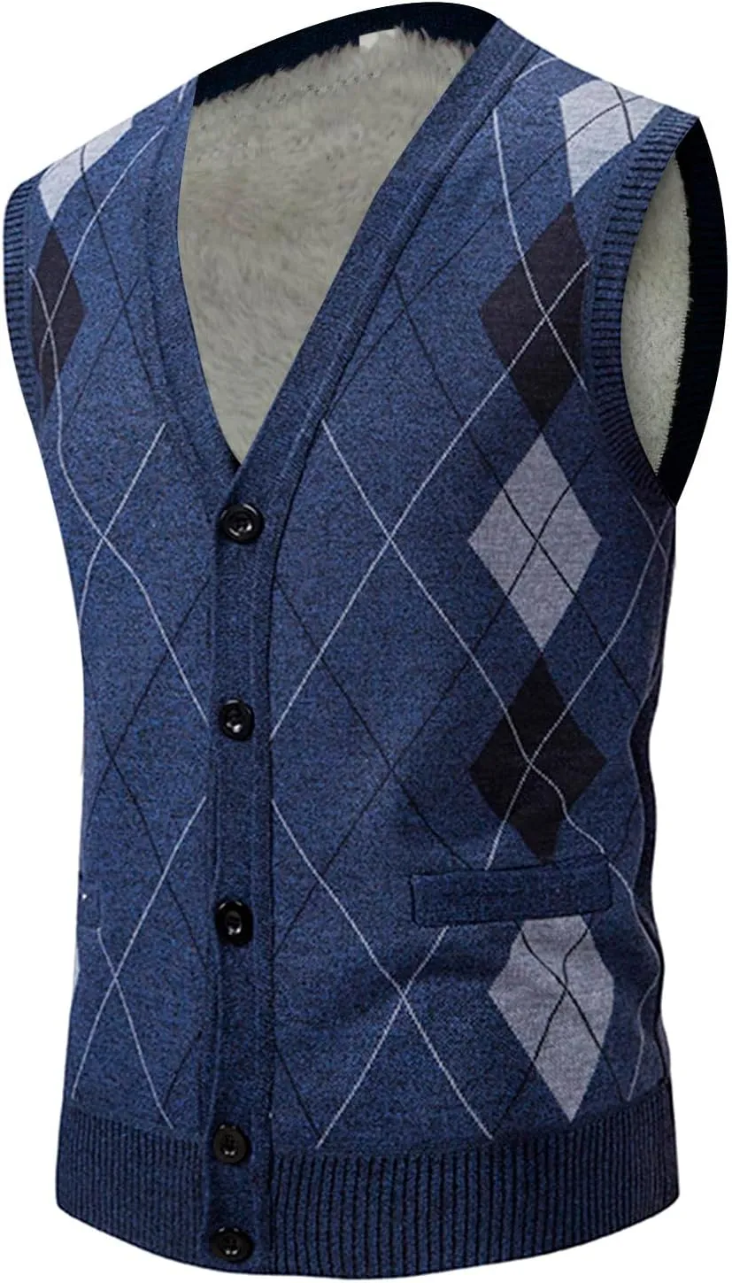 Men's Argyle Vest Sweater Sherpa Fleece Lined Sweater Sleeveless V Neck Knitted Button Down Sweater Casual Tops