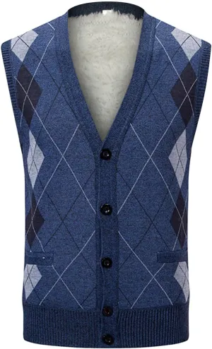 Men's Argyle Vest Sweater Sherpa Fleece Lined Sweater Sleeveless V Neck Knitted Button Down Sweater Casual Tops