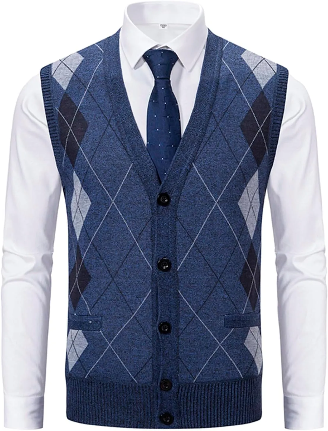 Men's Argyle Vest Sweater Sherpa Fleece Lined Sweater Sleeveless V Neck Knitted Button Down Sweater Casual Tops