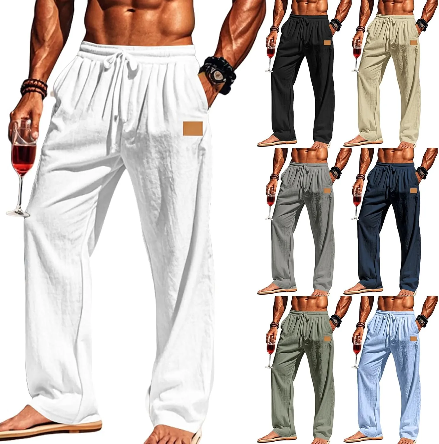 Mens Baggy Linen Pants Straight Casual Summer Elastic Waist Drawstring Trousers Cotton Linen Yoga Beach Long Pants