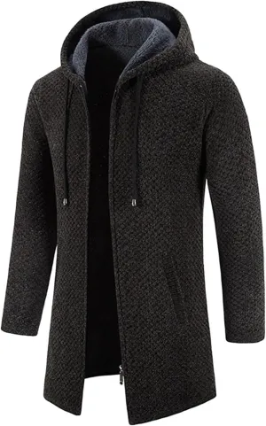 Mens Cardigan Hoodie Sweaters Full Zip Fleece Lined Thermal Knitted Sweater Long Sleeve Drawstring Hooded Sweatshirts