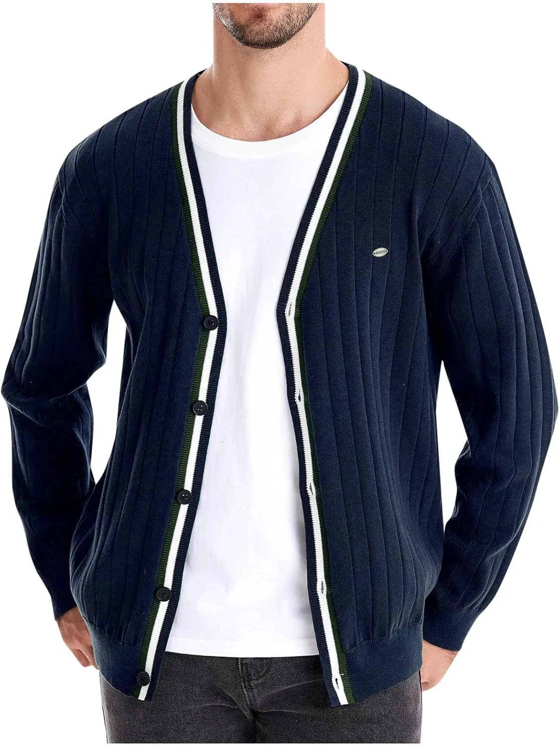 Mens Cardigan Sweaters Button Down Warm V Neck Lightweight Contrast Long Sleeve Sweater Knit Pullover Overcoat