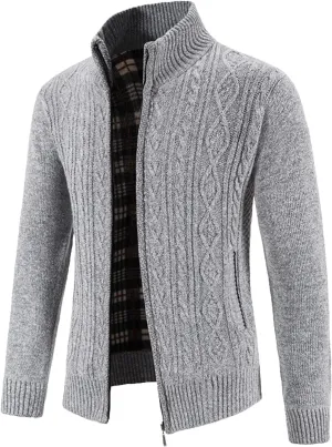 Mens Cardigan Sweaters Long Sleeve Mock Neck Cardigans Button Down Cable Knit Sweaters Casual Chunky Cardigan with Pockets