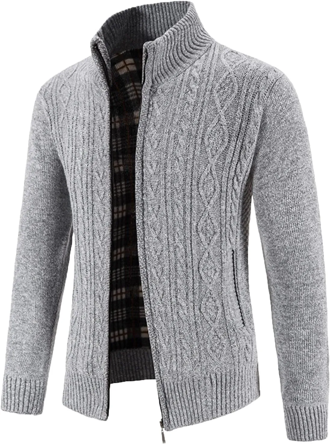 Mens Cardigan Sweaters Long Sleeve Mock Neck Cardigans Button Down Cable Knit Sweaters Casual Chunky Cardigan with Pockets