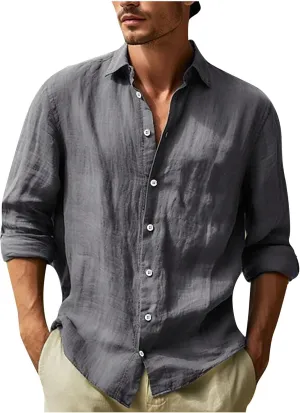 Mens Casual Long Sleeve Cotton Linen Shirts Summer Yoga Tops Regular Fit Plain Holiday Beach Party Button Down Shirts