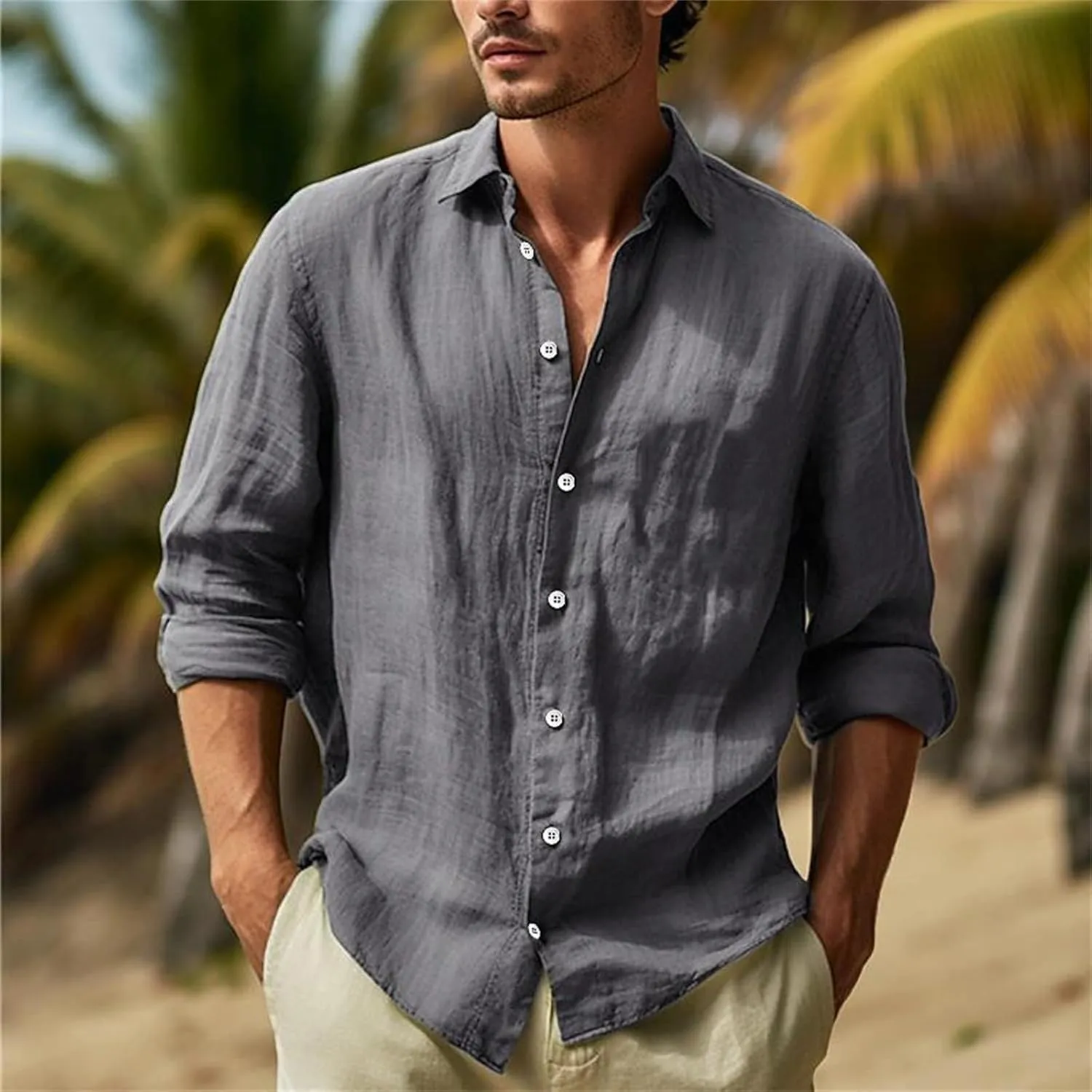 Mens Casual Long Sleeve Cotton Linen Shirts Summer Yoga Tops Regular Fit Plain Holiday Beach Party Button Down Shirts