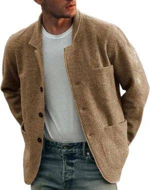Mens Casual Open Front Cardigan Sweaters Lapel Collar Button Closure Solid Color Long Sleeve Cotton Knit Blazer Jackets