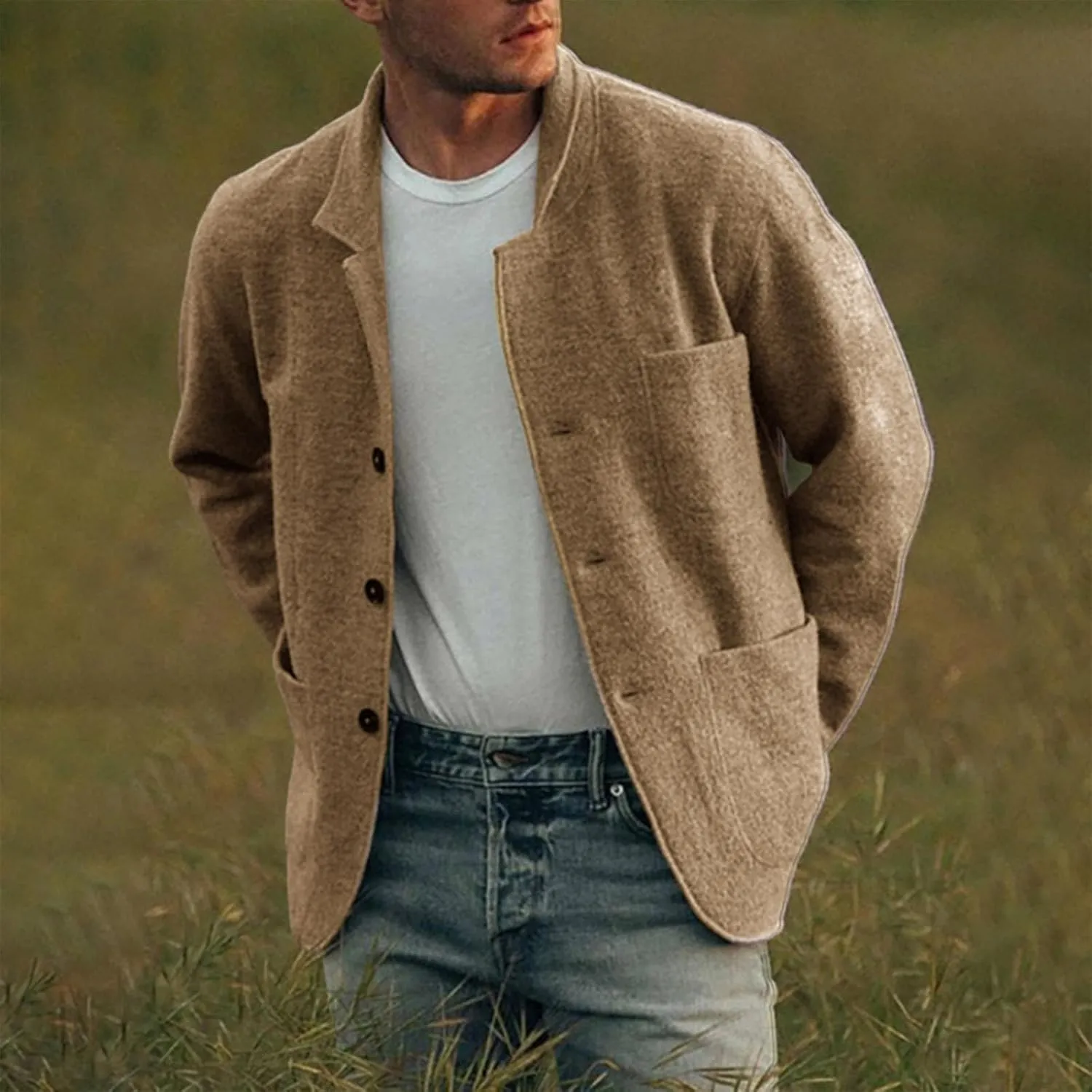 Mens Casual Open Front Cardigan Sweaters Lapel Collar Button Closure Solid Color Long Sleeve Cotton Knit Blazer Jackets