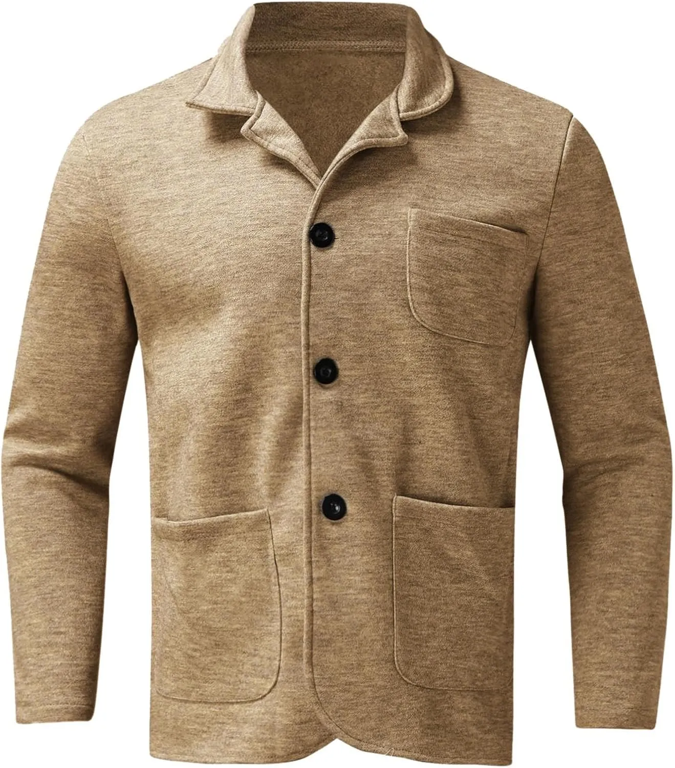 Mens Casual Open Front Cardigan Sweaters Lapel Collar Button Closure Solid Color Long Sleeve Cotton Knit Blazer Jackets