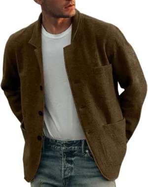 Mens Casual Open Front Cardigan Sweaters Lapel Collar Button Closure Solid Color Long Sleeve Cotton Knit Blazer Jackets
