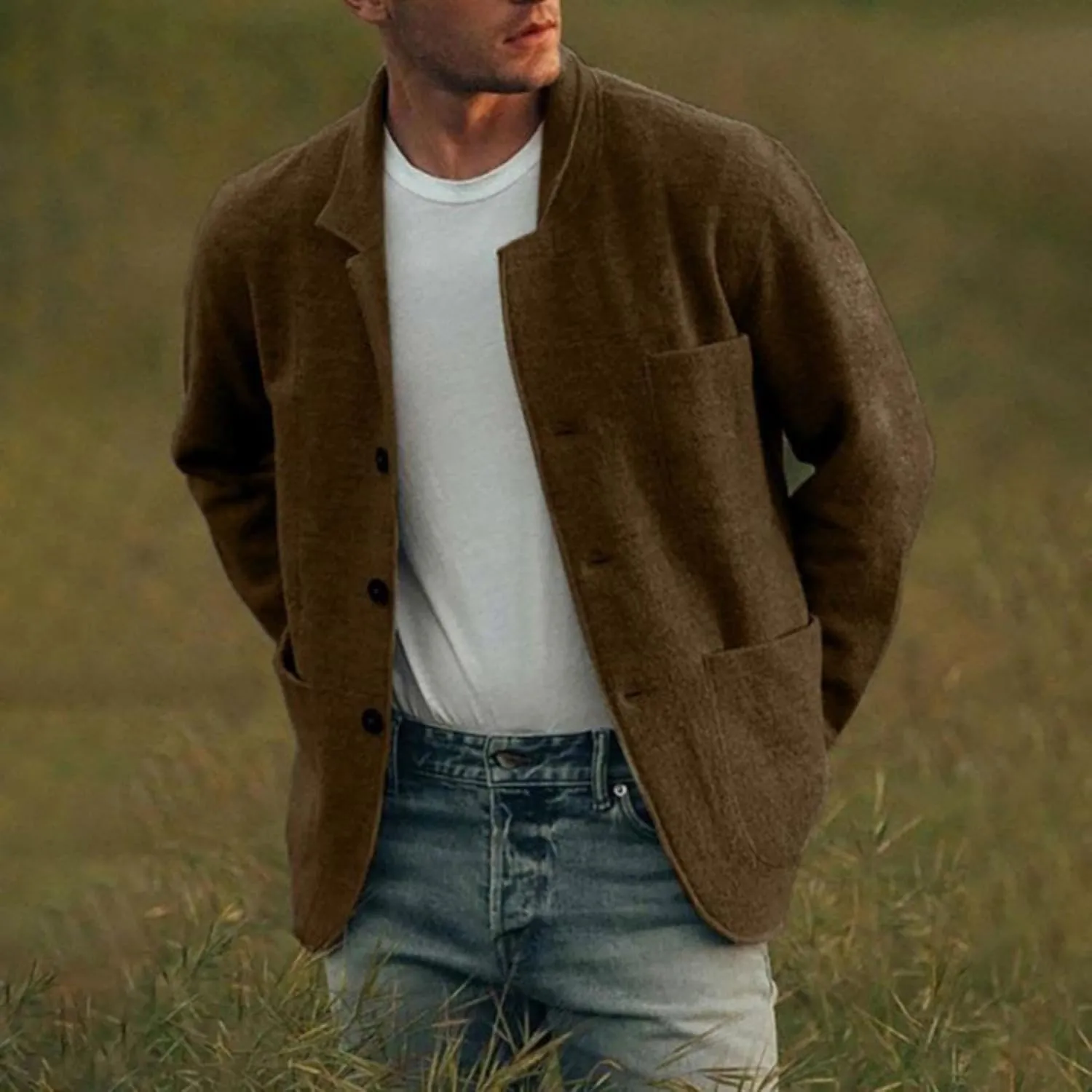 Mens Casual Open Front Cardigan Sweaters Lapel Collar Button Closure Solid Color Long Sleeve Cotton Knit Blazer Jackets