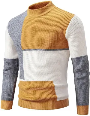 Mens Casual Turtleneck Sweaters Plus Size Trendy Colorblock Knitted Pullover Jumpers Fall Winter Warm Knitwear Tops