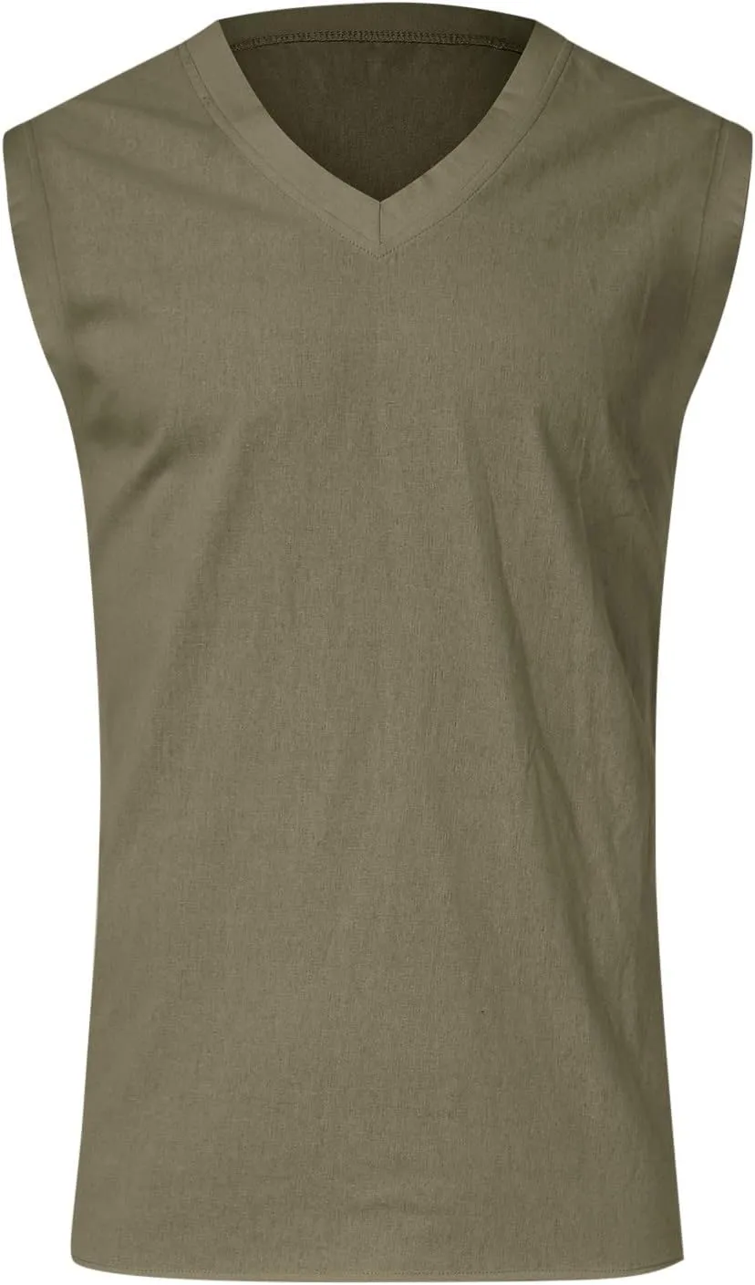 Mens Cotton Linen Tank Tops Casual Lightweight Sleeveless V Neck Sport Quick Dry Tee Shirts Summer Beach Tank Tops