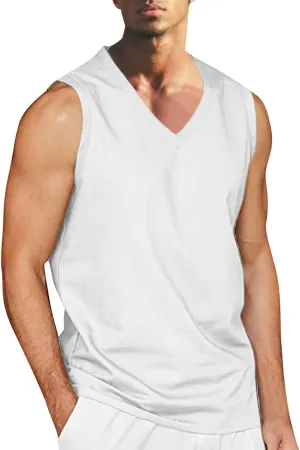 Mens Cotton Linen Tank Tops Casual Lightweight Sleeveless V Neck Sport Quick Dry Tee Shirts Summer Beach Tank Tops