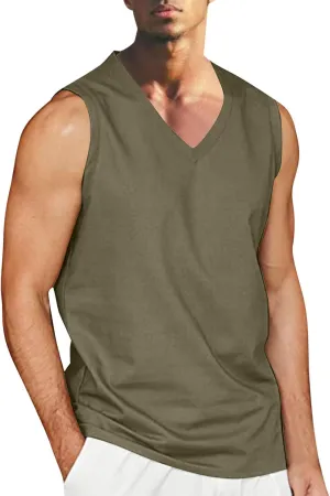 Mens Cotton Linen Tank Tops Casual Lightweight Sleeveless V Neck Sport Quick Dry Tee Shirts Summer Beach Tank Tops