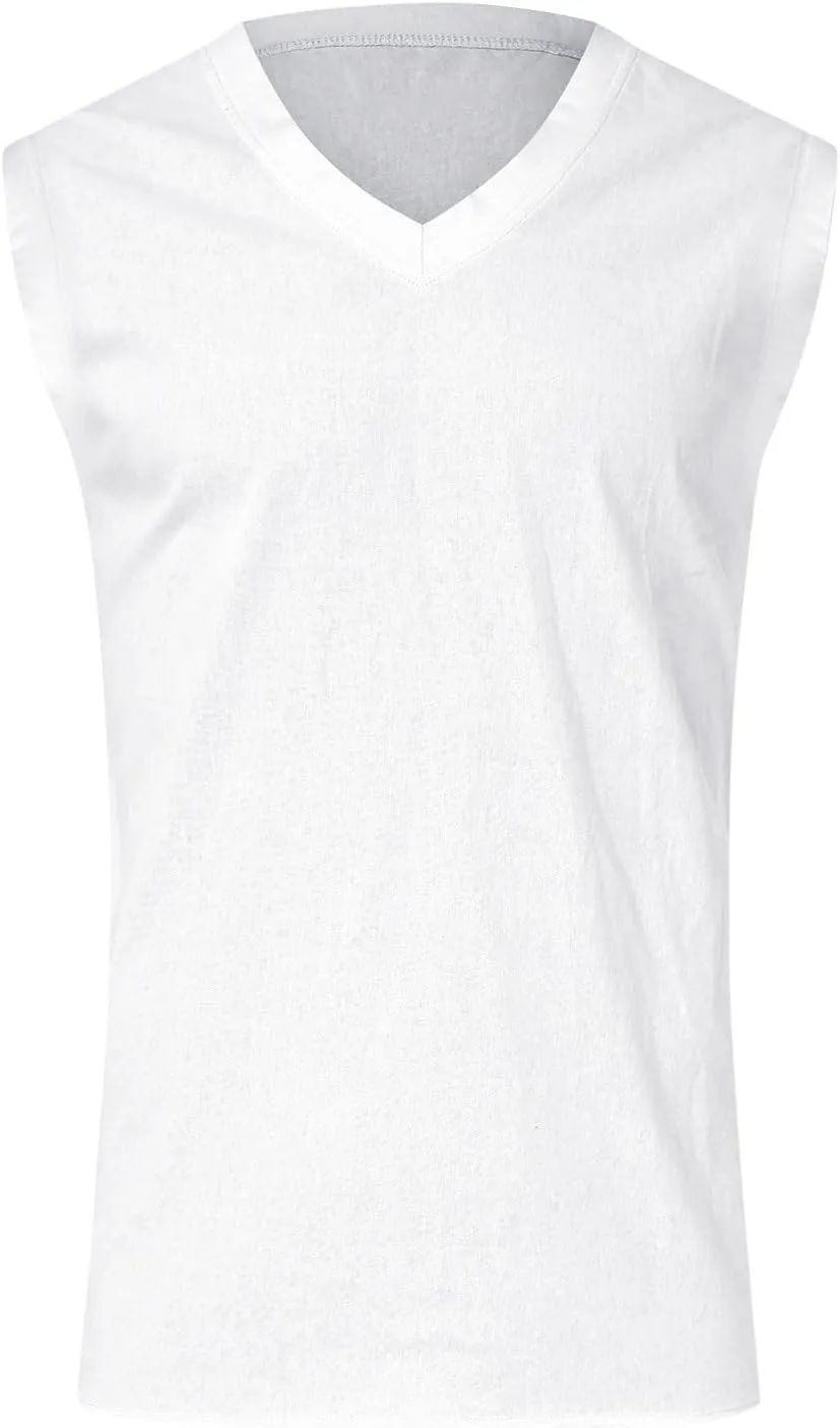 Mens Cotton Linen Tank Tops Casual Lightweight Sleeveless V Neck Sport Quick Dry Tee Shirts Summer Beach Tank Tops