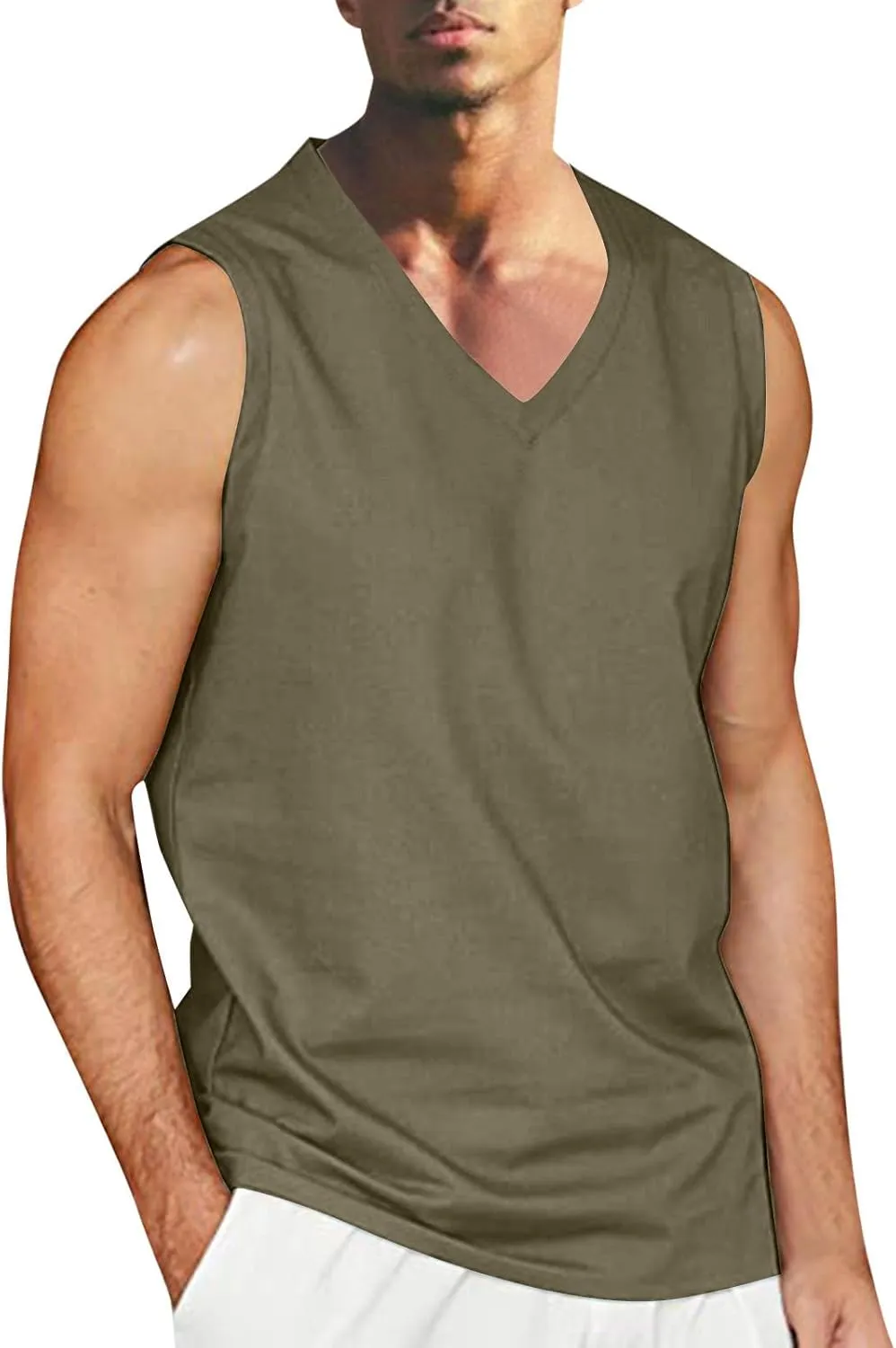 Mens Cotton Linen Tank Tops Casual Lightweight Sleeveless V Neck Sport Quick Dry Tee Shirts Summer Beach Tank Tops