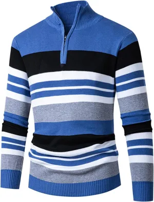 Mens Crewneck Sweater Male Fall and Winter Fashion Half Zip Stripe Soft Warm Sweater Mens Pullover Sweaters Dressy