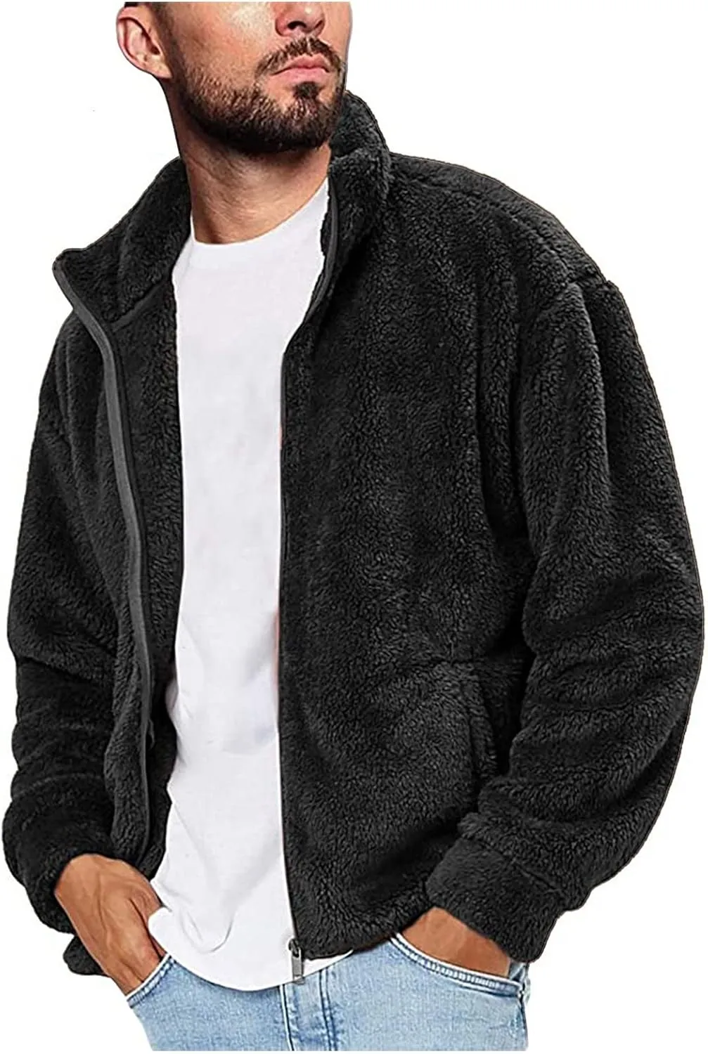Mens Fuzzy Sherpa Pullover Hoodie Sweatshirts Long Sleeve Fluffy Fleece Zip up Cardigan Coats Winter Sweatshirt