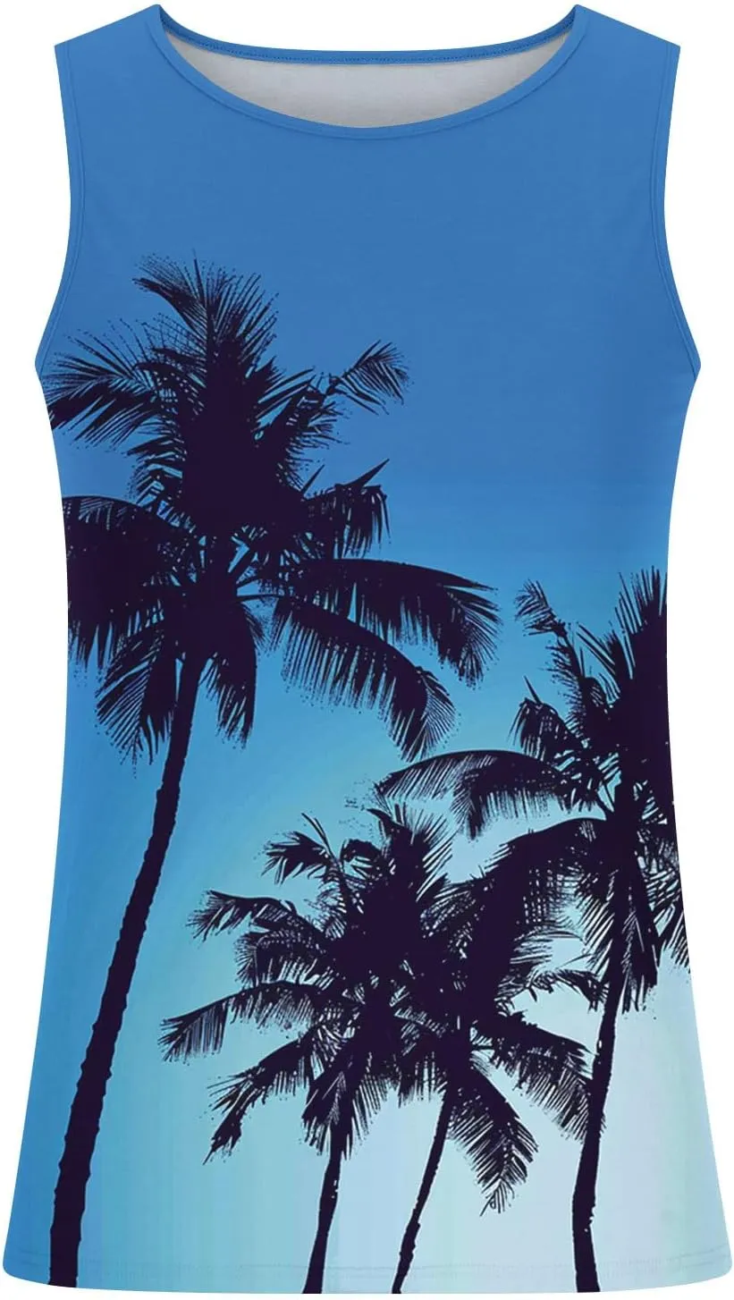 Men's Hawaiian Palm Tree Tank Top Summer Sleeveless Crwneck Loose Beach Tees Casual Lightweight Sport Quick Dry Tops