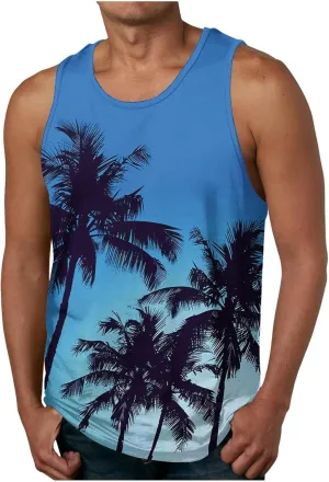 Men's Hawaiian Palm Tree Tank Top Summer Sleeveless Crwneck Loose Beach Tees Casual Lightweight Sport Quick Dry Tops