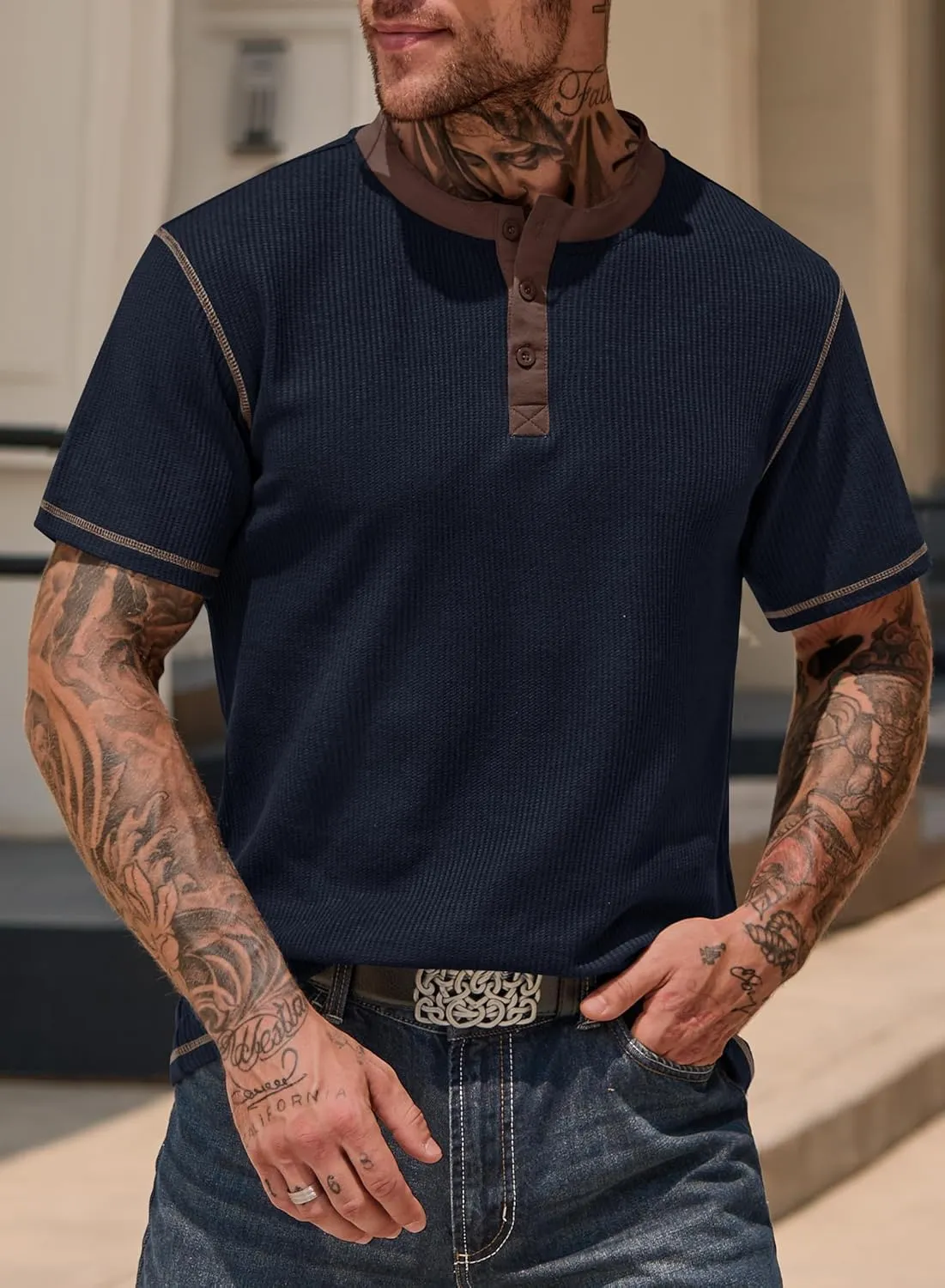 Men's Henley Shirts Short Sleeve Casual Waffle Button T-Shirts Basic Cotton Tops (S-XXL)