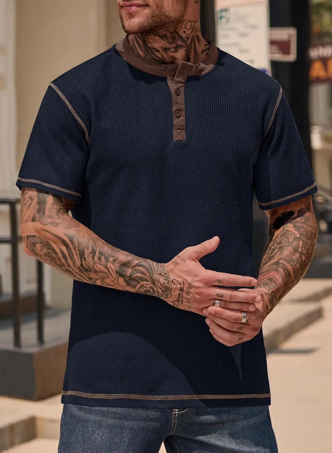 Men's Henley Shirts Short Sleeve Casual Waffle Button T-Shirts Basic Cotton Tops (S-XXL)