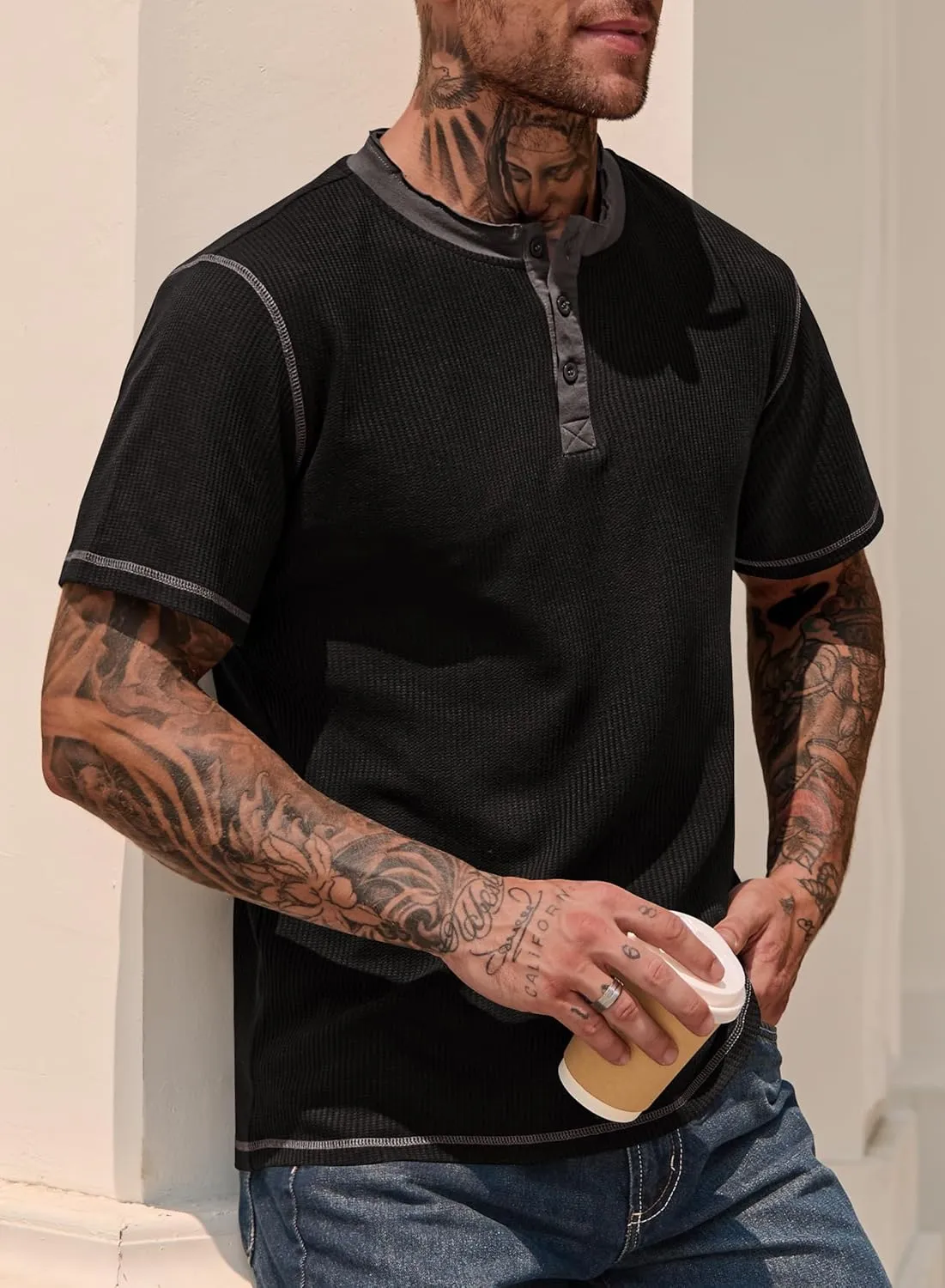 Men's Henley Shirts Short Sleeve Casual Waffle Button T-Shirts Basic Cotton Tops (S-XXL)
