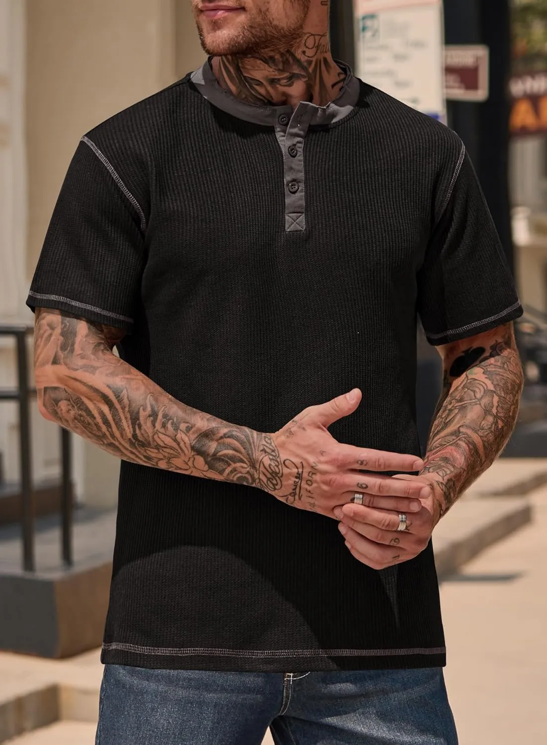 Men's Henley Shirts Short Sleeve Casual Waffle Button T-Shirts Basic Cotton Tops (S-XXL)