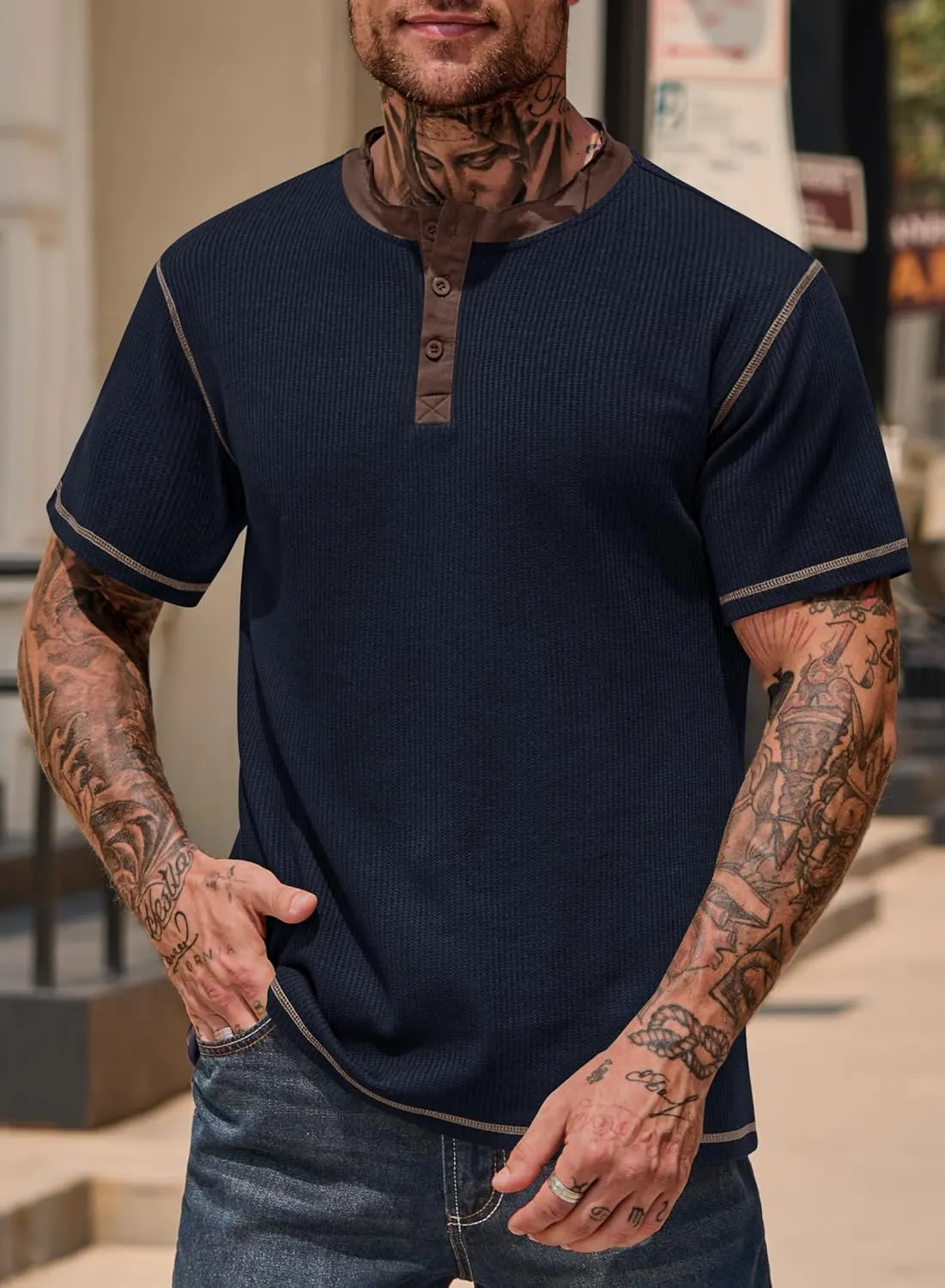 Men's Henley Shirts Short Sleeve Casual Waffle Button T-Shirts Basic Cotton Tops (S-XXL)
