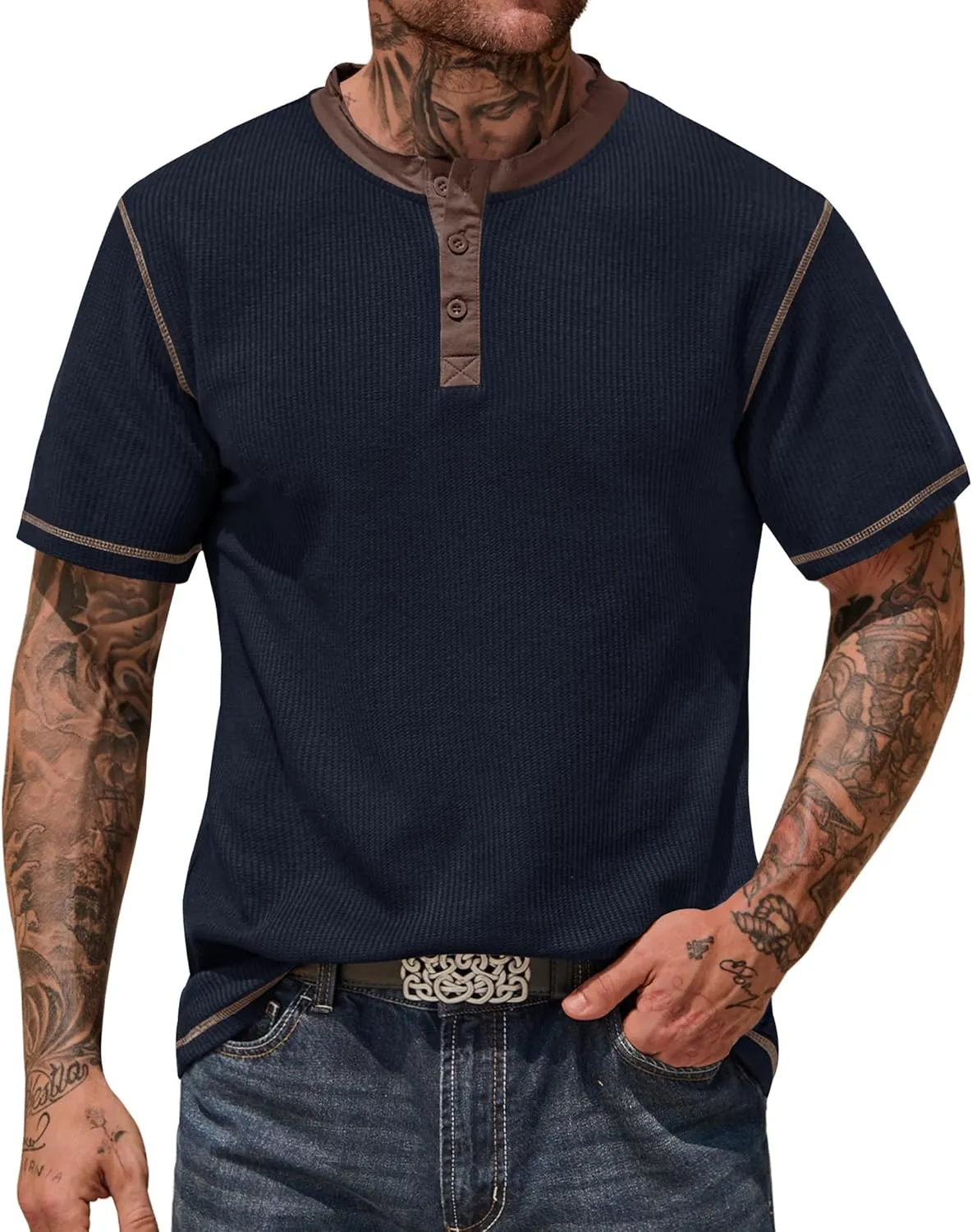 Men's Henley Shirts Short Sleeve Casual Waffle Button T-Shirts Basic Cotton Tops (S-XXL)