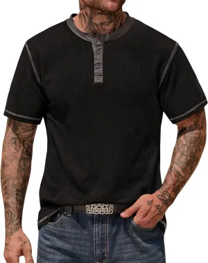 Men's Henley Shirts Short Sleeve Casual Waffle Button T-Shirts Basic Cotton Tops (S-XXL)
