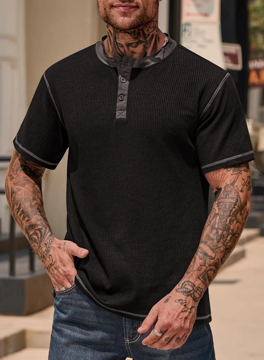 Men's Henley Shirts Short Sleeve Casual Waffle Button T-Shirts Basic Cotton Tops (S-XXL)