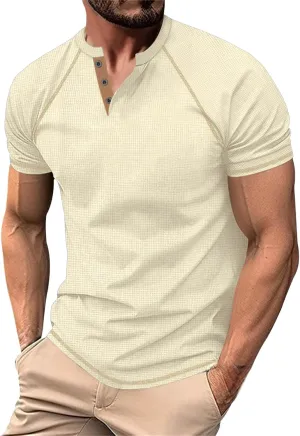 Men's Henley Shirts Short Sleeve Fitted Cotton Muscle T-Shirt with Button Longline Vintage Sports Quick Drying Tops