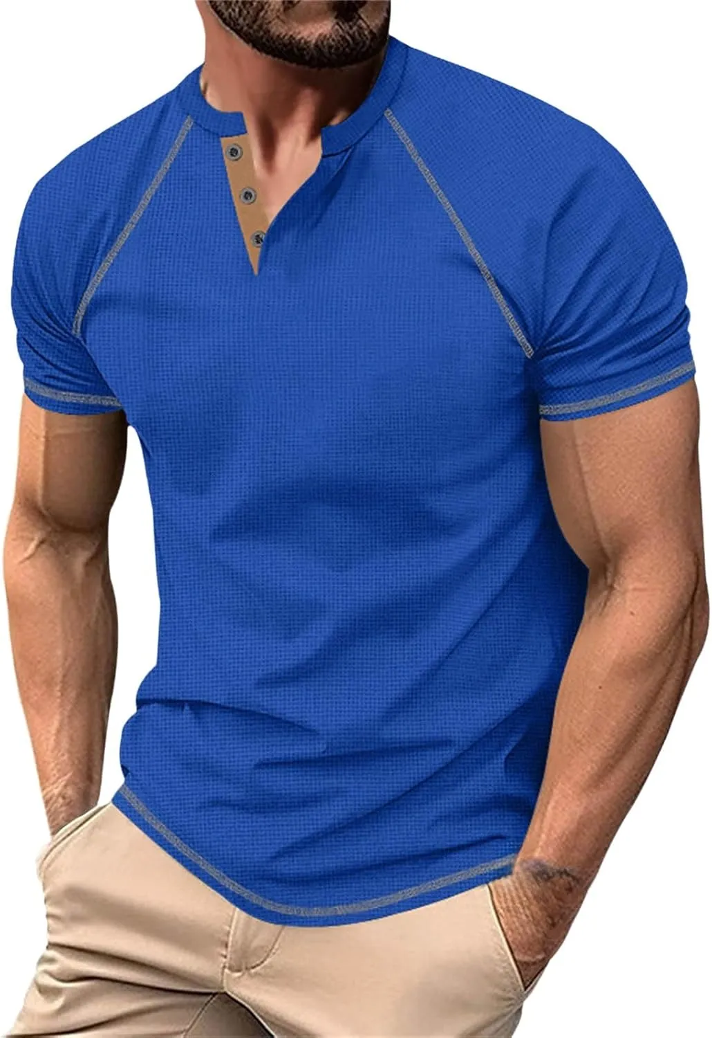 Men's Henley Shirts Short Sleeve Fitted Cotton Muscle T-Shirt with Button Longline Vintage Sports Quick Drying Tops