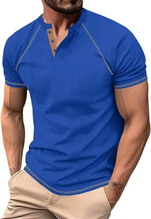Men's Henley Shirts Short Sleeve Fitted Cotton Muscle T-Shirt with Button Longline Vintage Sports Quick Drying Tops