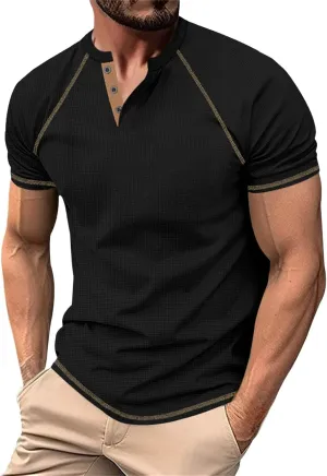 Men's Henley Shirts Short Sleeve Fitted Cotton Muscle T-Shirt with Button Longline Vintage Sports Quick Drying Tops
