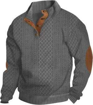 Mens Henley Sweatshirts Elbow Patches Thermal Button Loose Fit Pullover Fall Long Sleeve Casual Print Sweaters