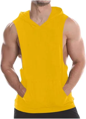 Men's Hooded Workout Tank Tops Cotton Quick Dry Lightweight Sleeveless Cut Out T Shirts Gym Bodybuilding Muscle Tees