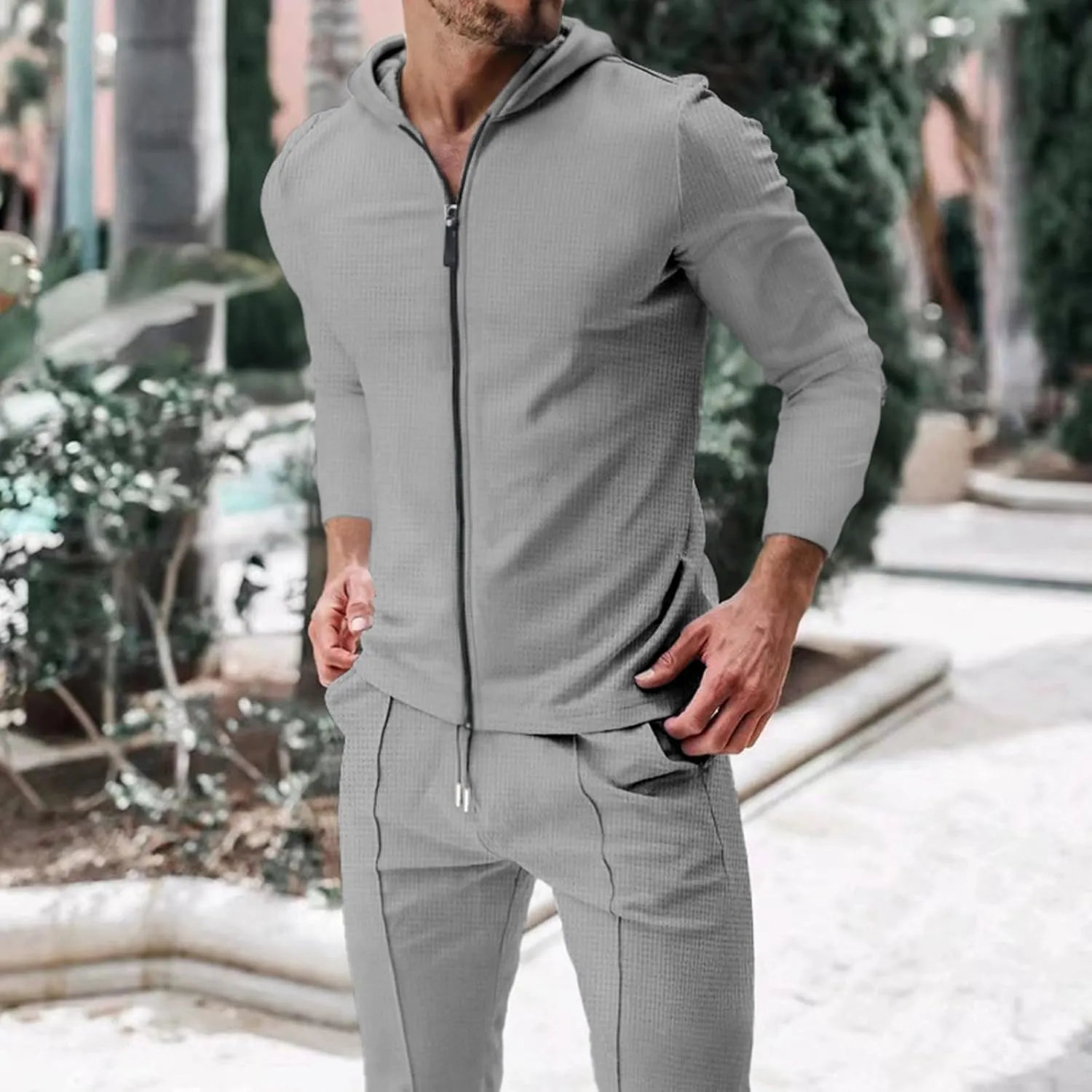 Men's Jogging Tracksuit Set 2024 Zipper Hooded Cardigan Solid Color Long Men's 2 Piece Tracksuit Polo Athletic