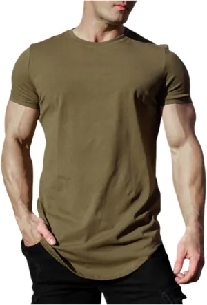 Mens Longline Muscle Fit T Shirts Short Sleeve Gym Workout Bodybuilding Tee Tops Solid Color Basic Hipster Sport Tops