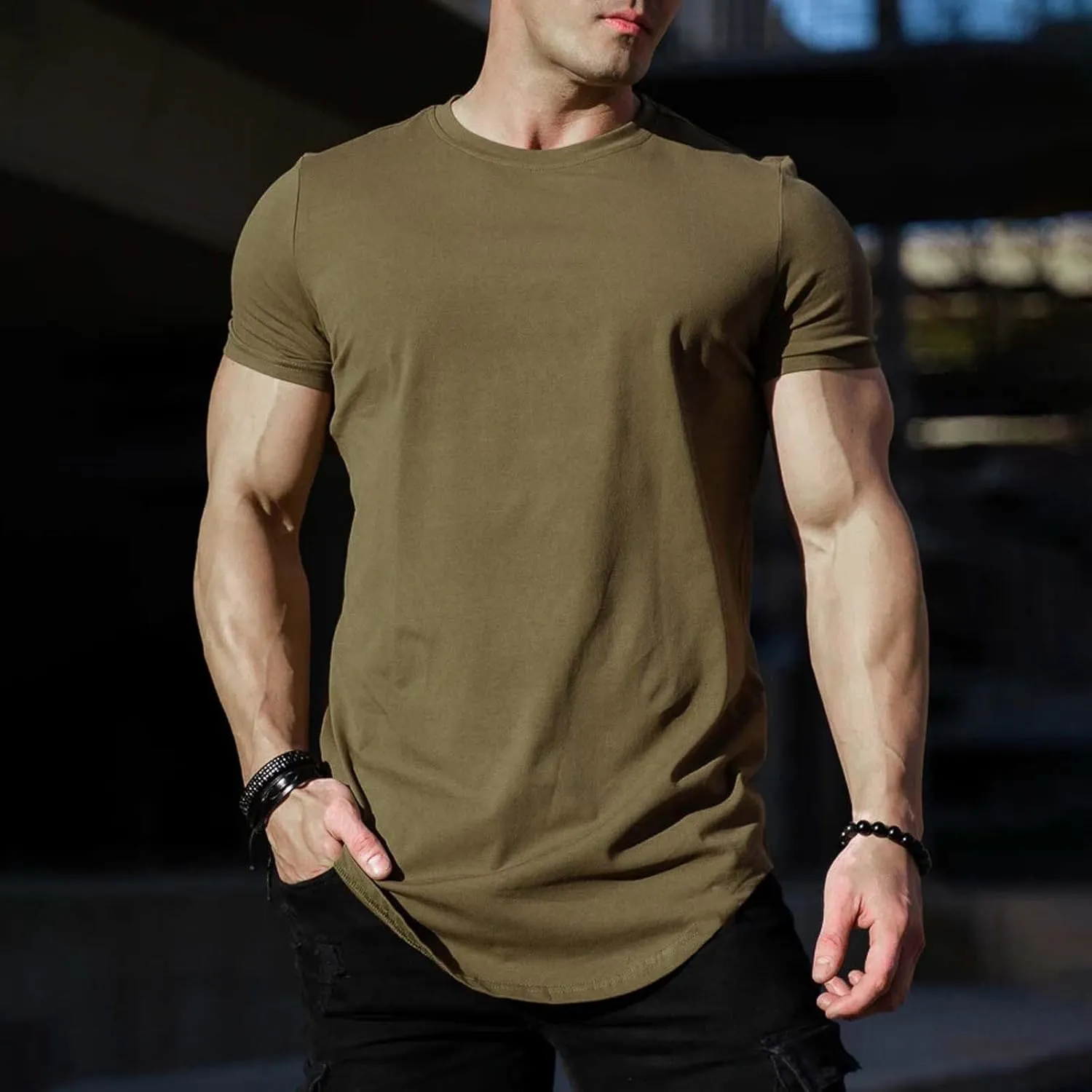 Mens Longline Muscle Fit T Shirts Short Sleeve Gym Workout Bodybuilding Tee Tops Solid Color Basic Hipster Sport Tops