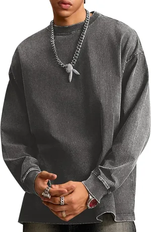 Mens Oversized T Shirt Long Sleeve Acid Wash Vintage Sweatshirt Casual Streetwear Heavy Weight Cotton Baggy Unisex Tops