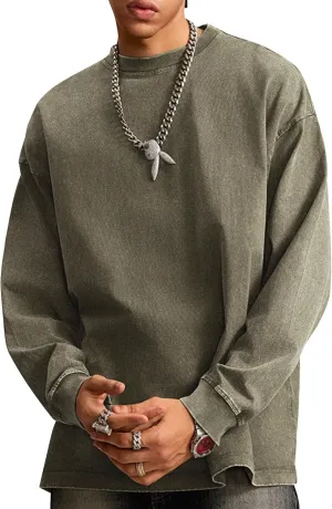 Mens Oversized T Shirt Long Sleeve Acid Wash Vintage Sweatshirt Casual Streetwear Heavy Weight Cotton Baggy Unisex Tops