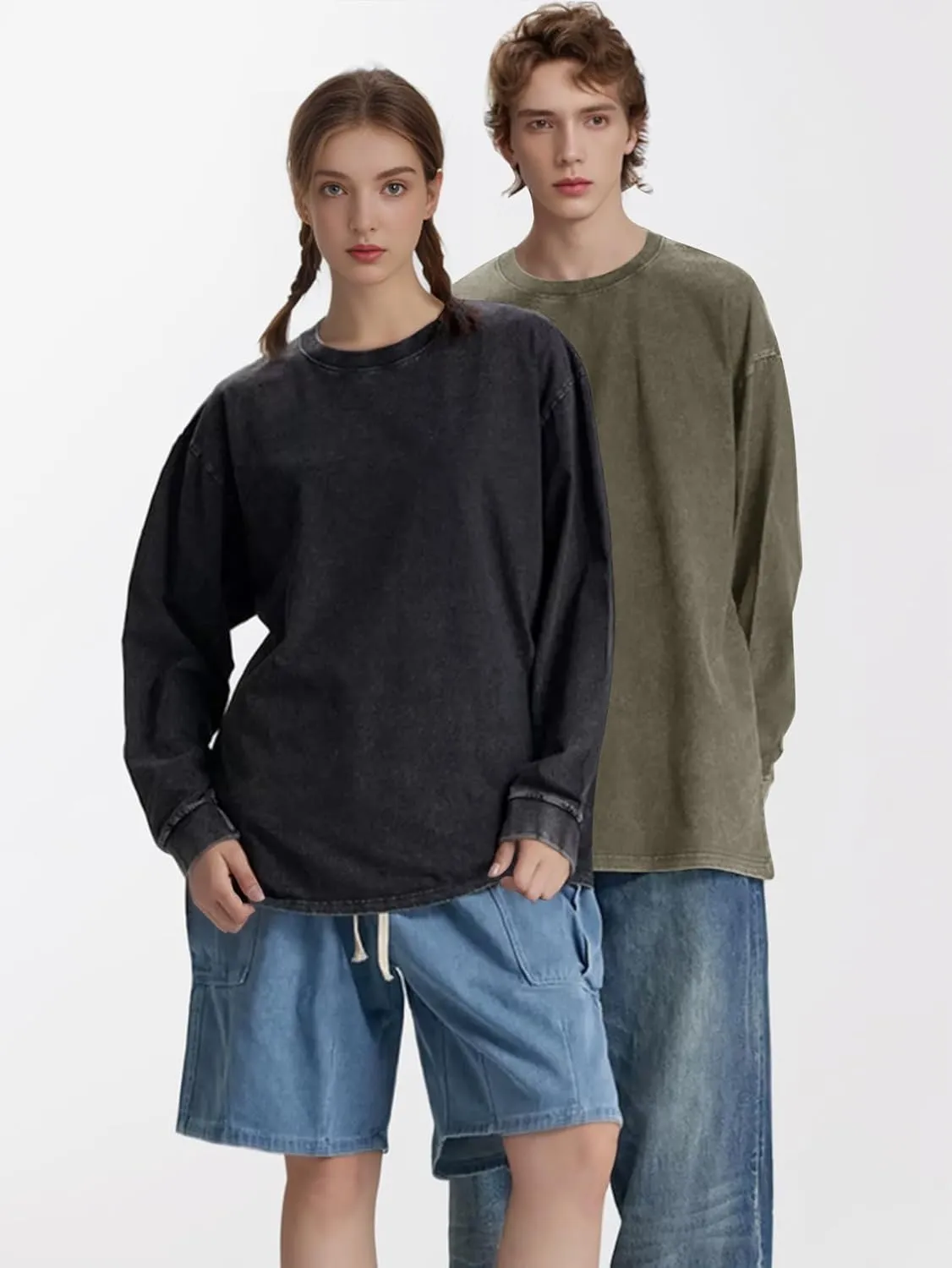 Mens Oversized T Shirt Long Sleeve Acid Wash Vintage Sweatshirt Casual Streetwear Heavy Weight Cotton Baggy Unisex Tops