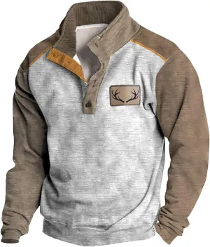 Mens Print Sweatshirts Elbow Patches Quarter Button Stand Collar Pullover Long Sleeve Casual Fall No Hood Sweaters