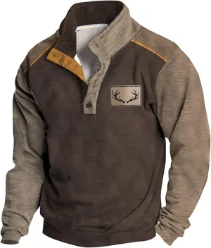 Mens Print Sweatshirts Elbow Patches Quarter Button Stand Collar Pullover Long Sleeve Casual Fall No Hood Sweaters