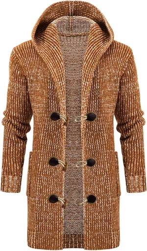 Mens Shawl Casual Cable Knit Cardigan Sweaters with Horn Button Up Long Sleeve Open Front Drape Cape Hooded Jackets