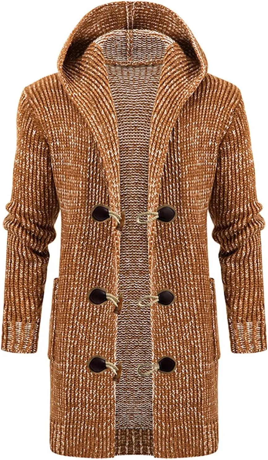 Mens Shawl Casual Cable Knit Cardigan Sweaters with Horn Button Up Long Sleeve Open Front Drape Cape Hooded Jackets